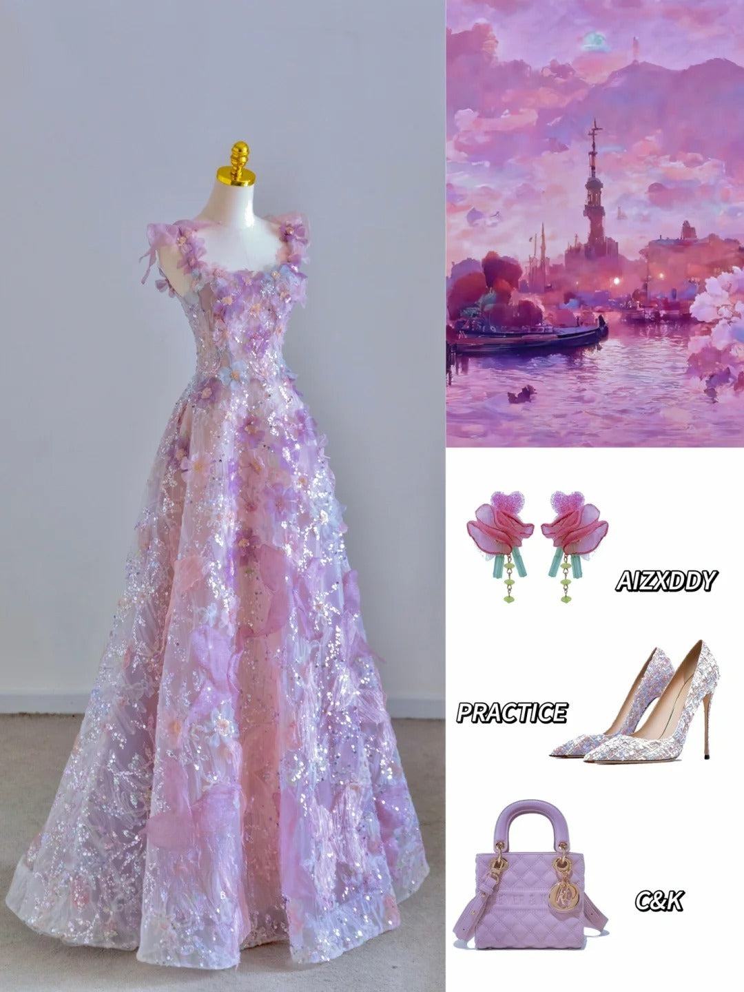 Pretty A line Square Neck Pink With Flowers Sequined Prom Dresses Long Evening Party Formal Outfits RB6598