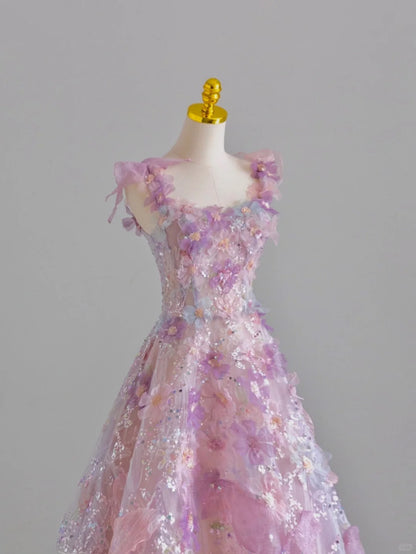 Pretty A line Square Neck Pink With Flowers Sequined Prom Dresses Long Evening Party Formal Outfits RB6598