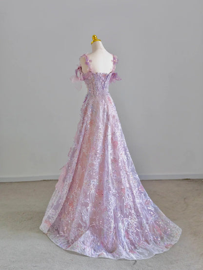 Pretty A line Square Neck Pink With Flowers Sequined Prom Dresses Long Evening Party Formal Outfits RB6598