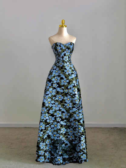 Modest A Line Sweetheart Blue Floral Long Prom Dress Formal Outfits Evening Night Dresses RB7711