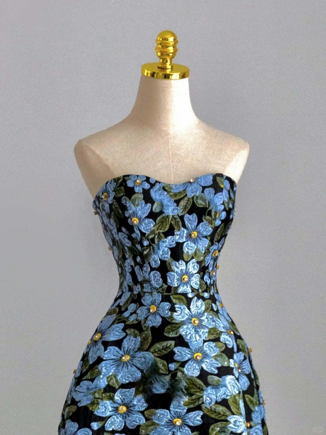 Modest A Line Sweetheart Blue Floral Long Prom Dress Formal Outfits Evening Night Dresses RB7711
