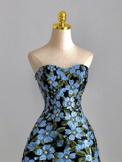 Modest A Line Sweetheart Blue Floral Long Prom Dress Formal Outfits Evening Night Dresses RB7711