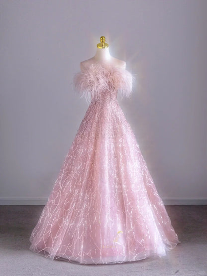 Pretty Ball Gown Strapless Pink With Feathers Sequined Prom Dresses Long Evening Party Formal Outfits RB6599