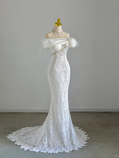 Beautiful Mermaid High Neck Lace White With Beading Appliqued Groom Bride Gown Bridal Dress Modest Wedding Dresses RB7712