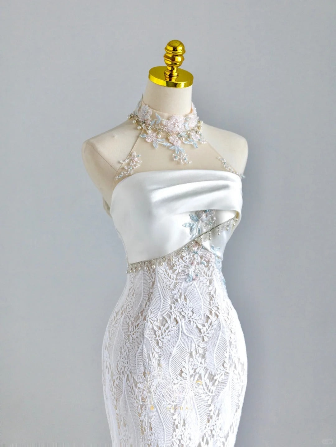 Beautiful Mermaid High Neck Lace White With Beading Appliqued Groom Bride Gown Bridal Dress Modest Wedding Dresses RB7712