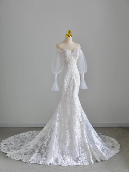 Modest Mermaid Sweetheart Lace White Groom Long Bride Gown Bridal Dress Modest Wedding Dresses RB7713