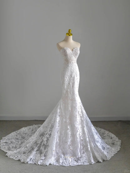 Modest Mermaid Sweetheart Lace White Groom Long Bride Gown Bridal Dress Modest Wedding Dresses RB7713