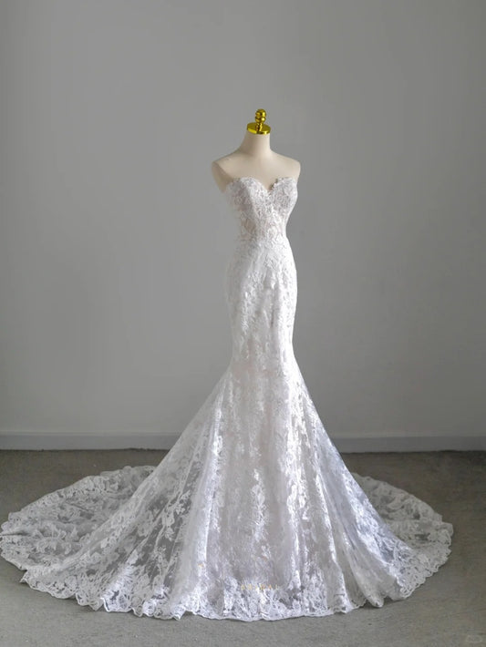 Modest Mermaid Sweetheart Lace White Groom Long Bride Gown Bridal Dress Modest Wedding Dresses RB7713