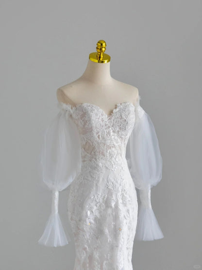 Modest Mermaid Sweetheart Lace White Groom Long Bride Gown Bridal Dress Modest Wedding Dresses RB7713