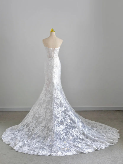 Modest Mermaid Sweetheart Lace White Groom Long Bride Gown Bridal Dress Modest Wedding Dresses RB7713
