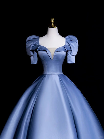 Elegant Ball Gown Sweetheart Blue Satin With Sleeves Long Birthday Outfits Semi Formal Gown Wedding Guest Dresses RB6600