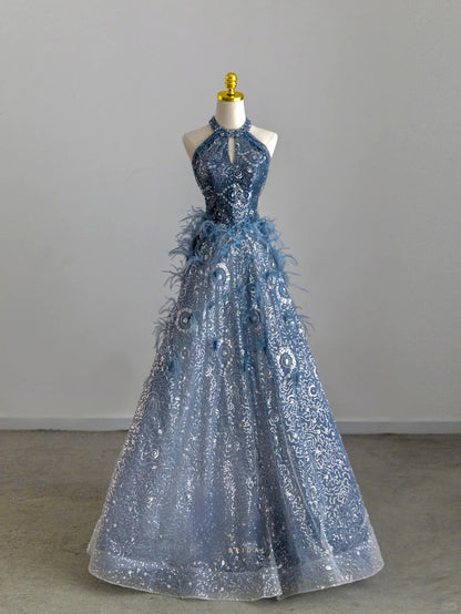 Pretty A Line Halter Blue With Feathers Sequined Prom Dresses Long Evening Party Formal Outfits RB6601
