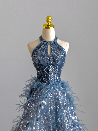 Pretty A Line Halter Blue With Feathers Sequined Prom Dresses Long Evening Party Formal Outfits RB6601