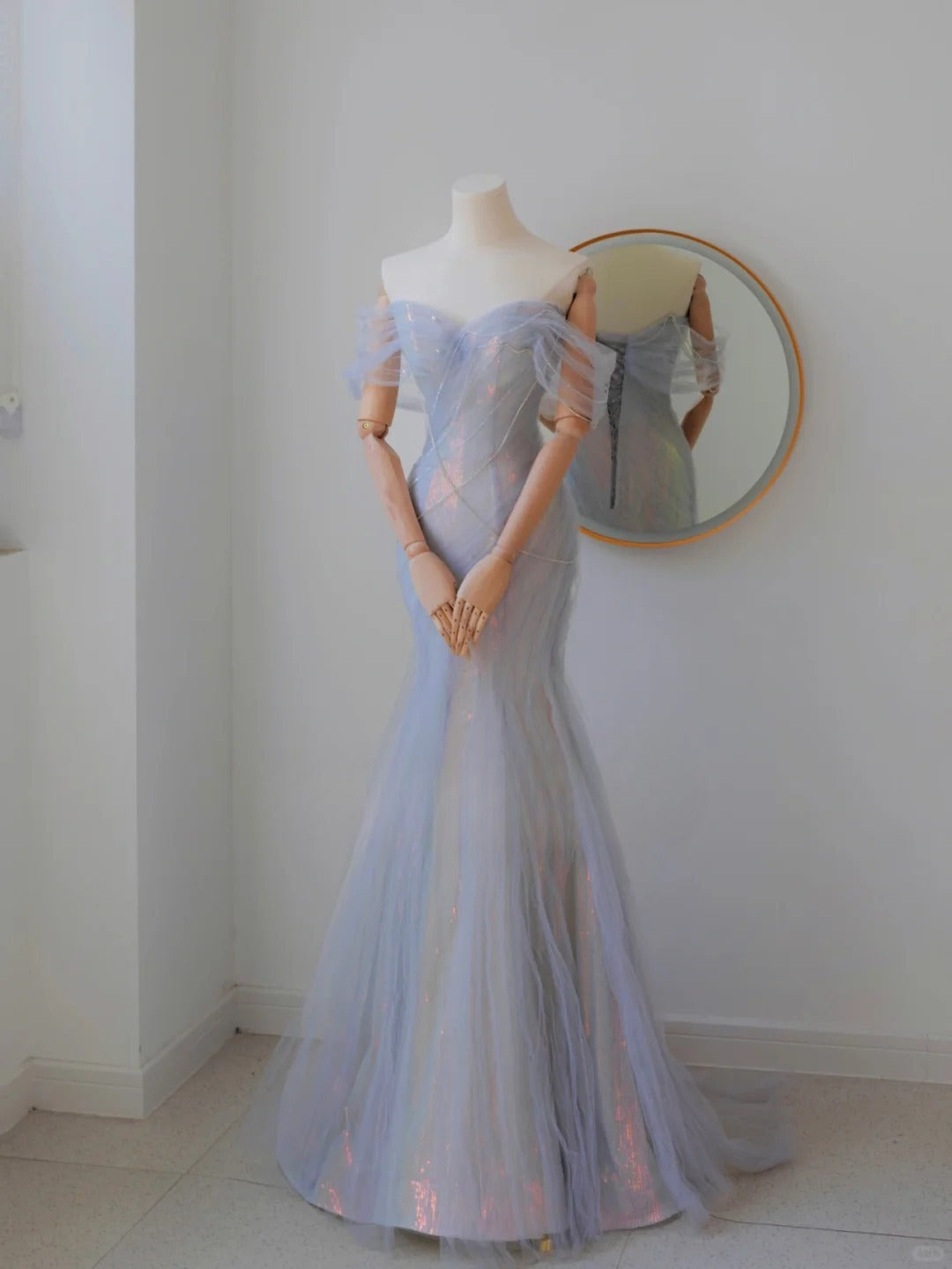 Sexy Meerjungfrauen-Abendkleid in Flieder mit schulterfreiem Ausschnitt, kurzen Ärmeln und Perlenbesatz, langes formelles Partykleid, Ballkleid AU134
