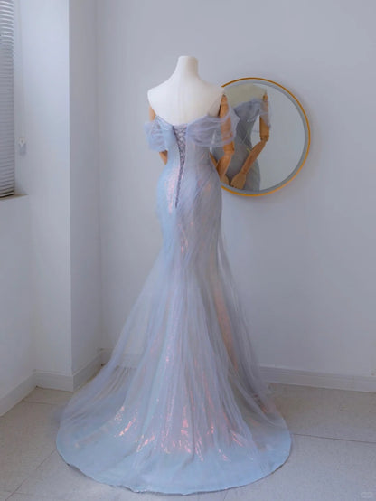 Sexy Meerjungfrauen-Abendkleid in Flieder mit schulterfreiem Ausschnitt, kurzen Ärmeln und Perlenbesatz, langes formelles Partykleid, Ballkleid AU134