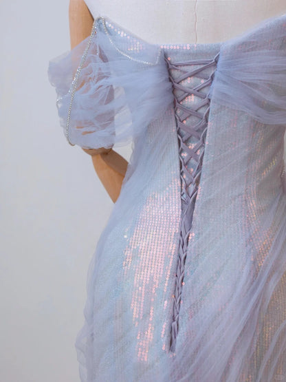 Sexy Meerjungfrauen-Abendkleid in Flieder mit schulterfreiem Ausschnitt, kurzen Ärmeln und Perlenbesatz, langes formelles Partykleid, Ballkleid AU134