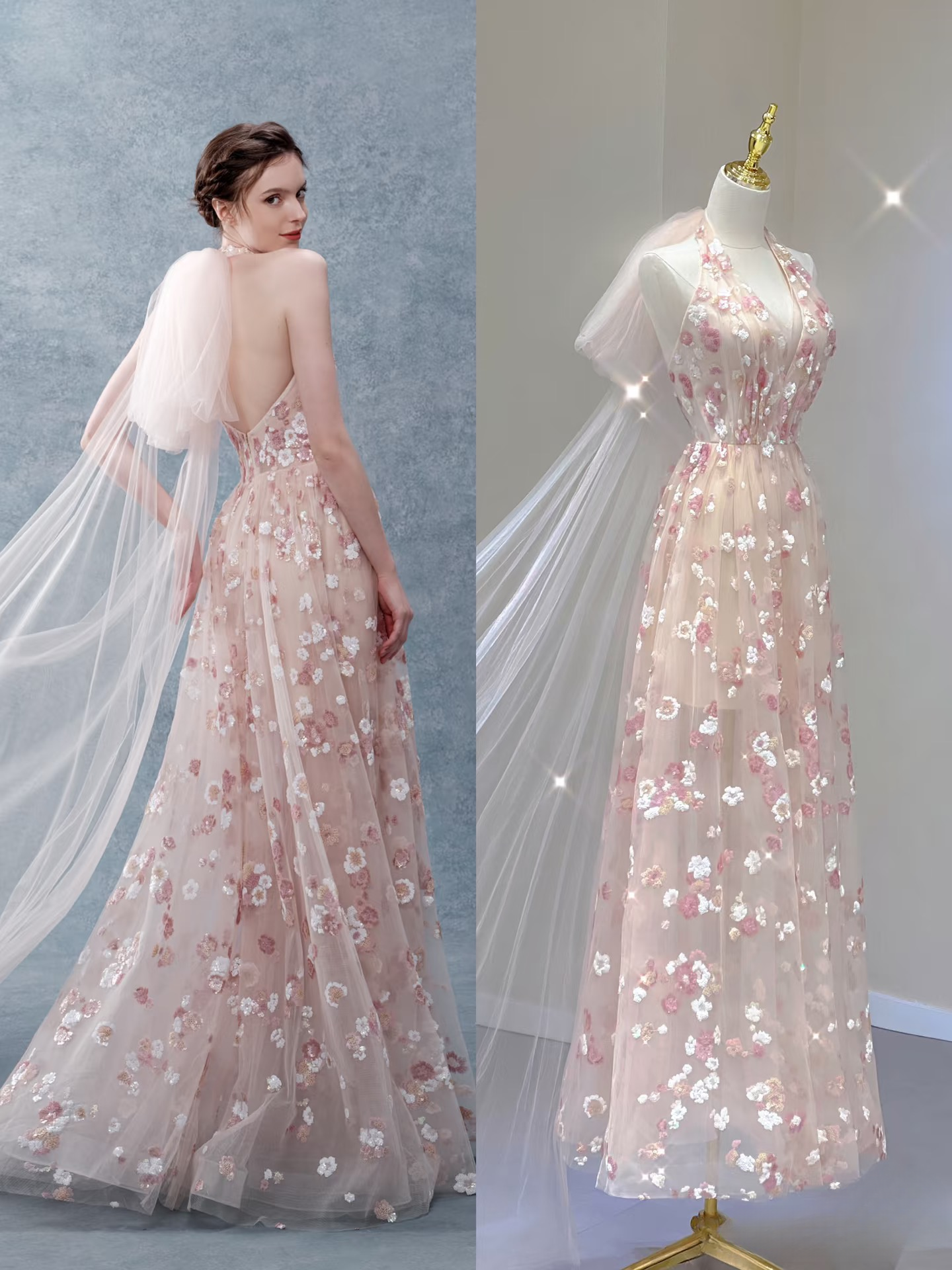 Modest A Line Halter Sleeveless Pink Floral Tulle Prom Dresses Inspiration Prom Dress Princess Party Birthday Outfits AU135
