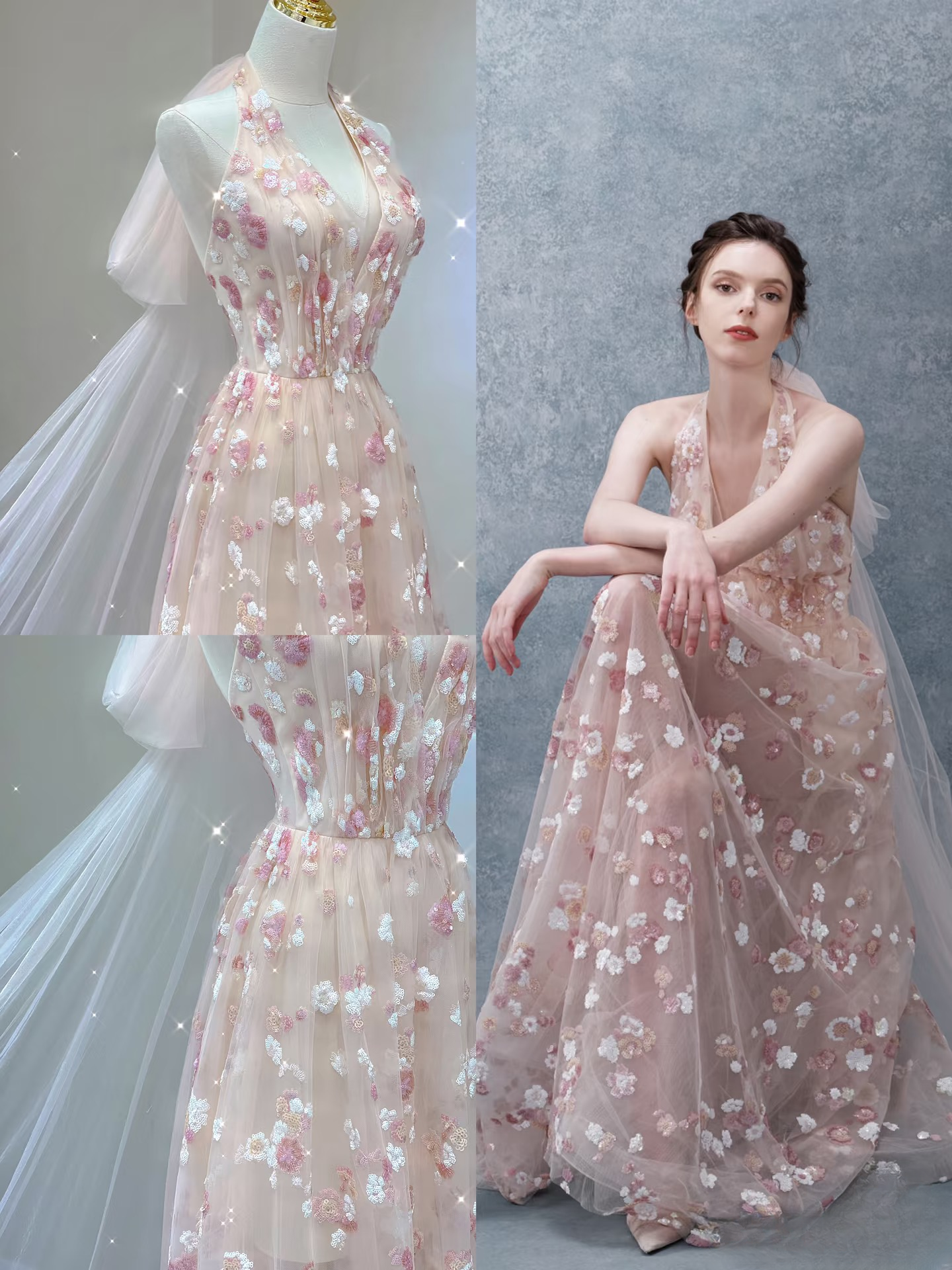 Modest A Line Halter Sleeveless Pink Floral Tulle Prom Dresses Inspiration Prom Dress Princess Party Birthday Outfits AU135