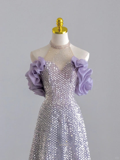 Pretty A Line Halter Lilac With Feathers Sequined Prom Dresses Long Evening Party Formal Outfits RB6602
