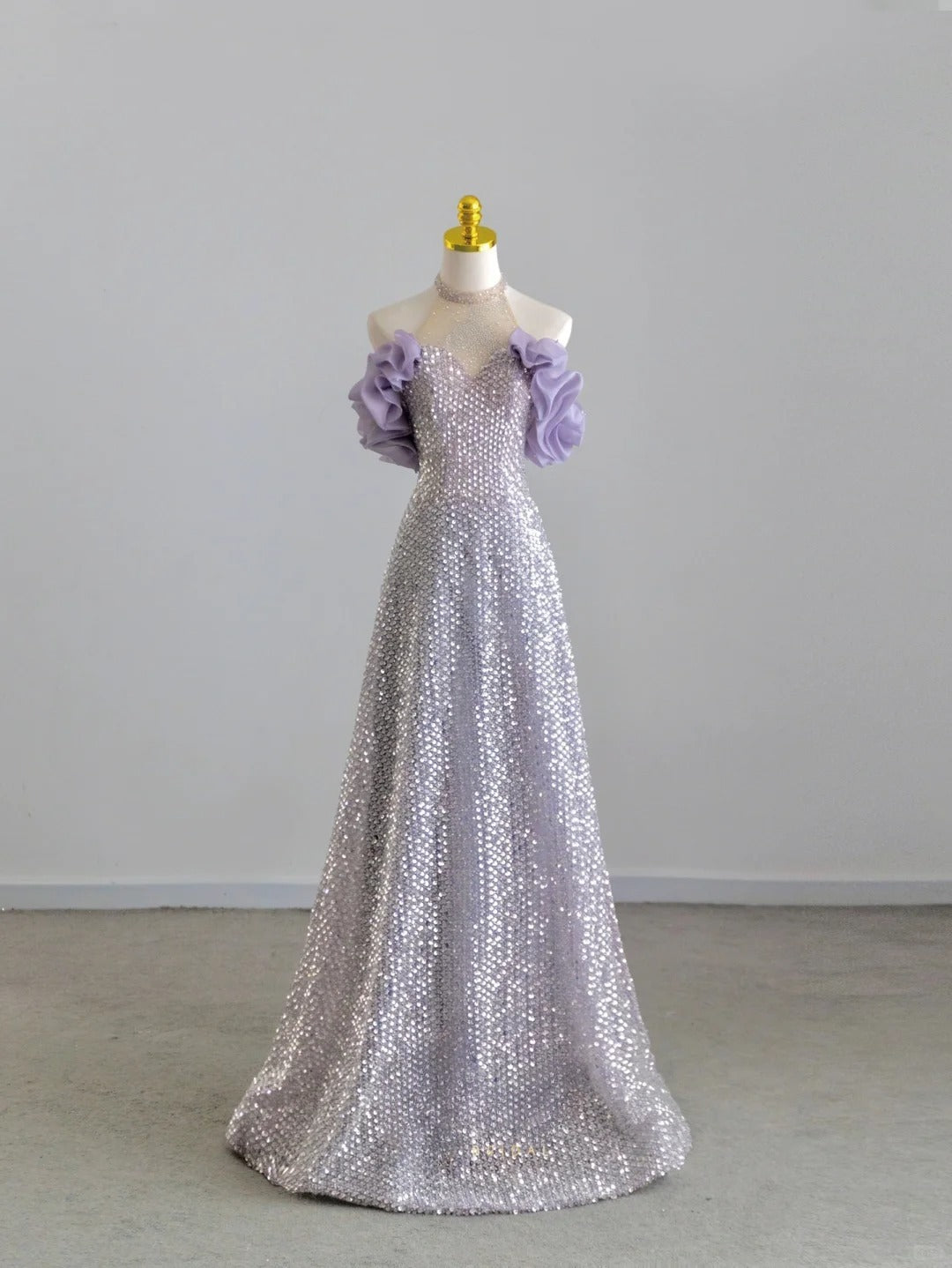 Pretty A Line Halter Lilac With Feathers Sequined Prom Dresses Long Evening Party Formal Outfits RB6602
