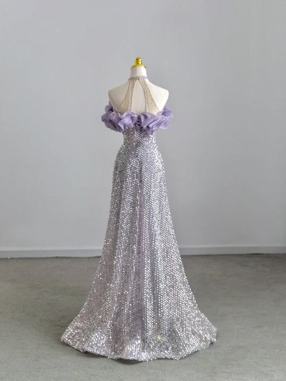 Pretty A Line Halter Lilac With Feathers Sequined Prom Dresses Long Evening Party Formal Outfits RB6602