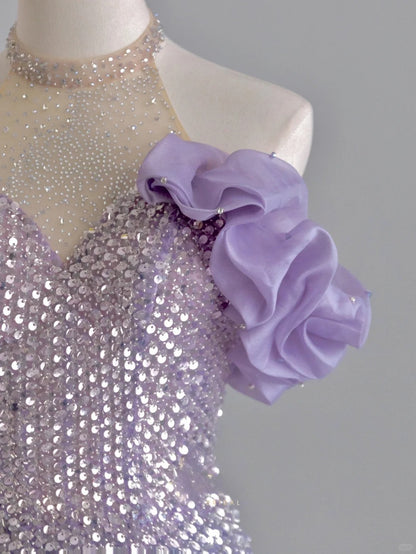 Pretty A Line Halter Lilac With Feathers Sequined Prom Dresses Long Evening Party Formal Outfits RB6602