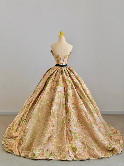 Charming Ball Gowns Strapless Gold Satin Poofy Long With Beading Quince Dress Sweet 16 inspo Quinceanera Dresses RB7714