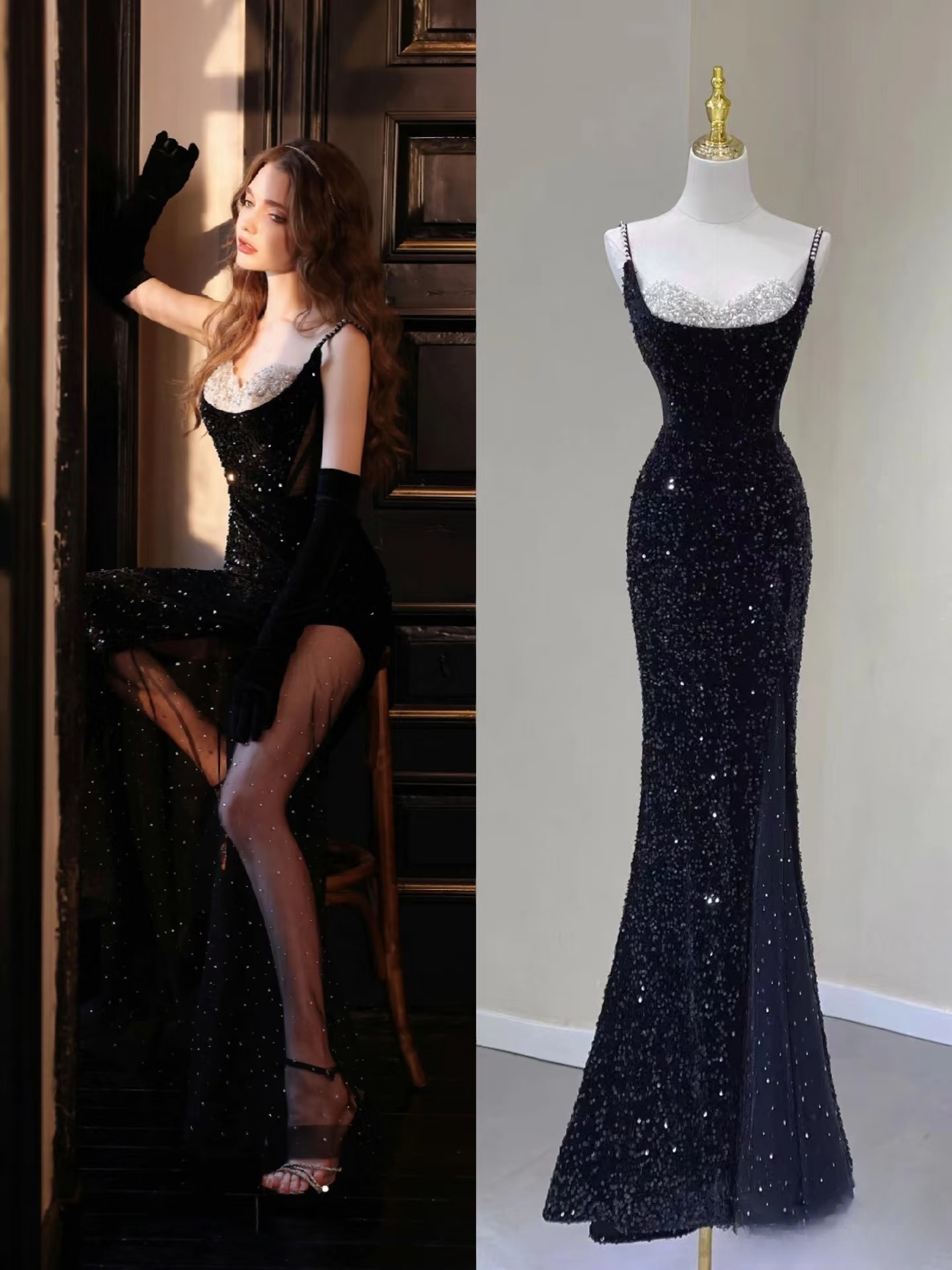 Sexy Mermaid Spaghetti Straps Black Sequin Prom Dress Inspiration Long Party Formal Prom Dresses AU140