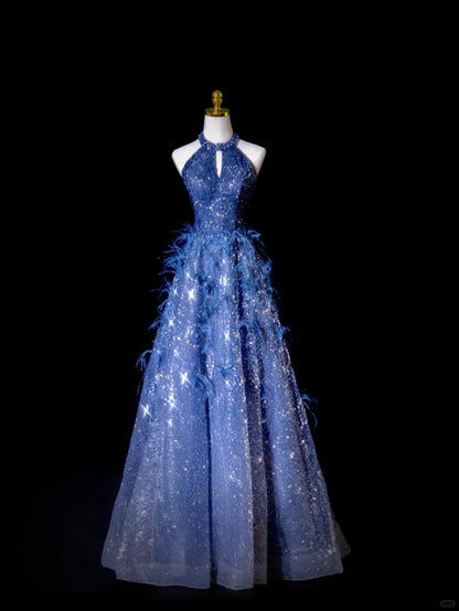 Glitter A Line Halter Blue With Feathers Sequined Prom Dresses Long Evening Party Formal Outfits RB6604