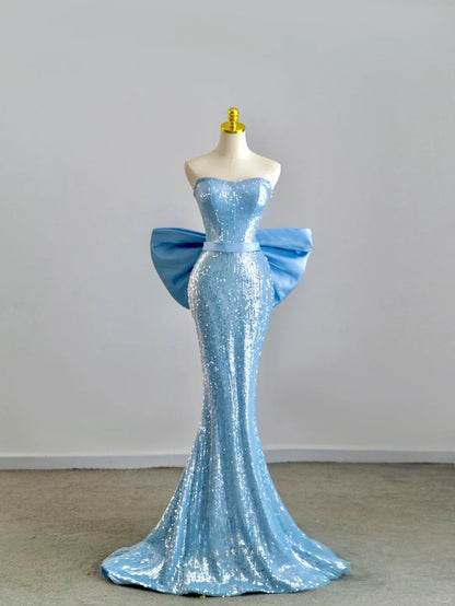 Glitter Mermaid Sweetheart Blue With Bow Sequined Prom Dresses Long Evening Party Formal Outfits RB6605