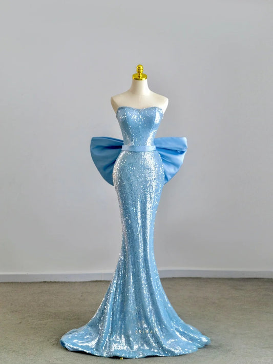 Glitter Mermaid Sweetheart Blue With Bow Sequined Prom Dresses Long Evening Party Formal Outfits RB6605