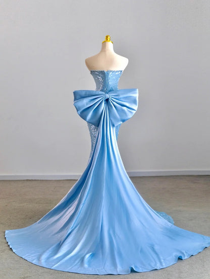 Glitter Mermaid Sweetheart Blue With Bow Sequined Prom Dresses Long Evening Party Formal Outfits RB6605