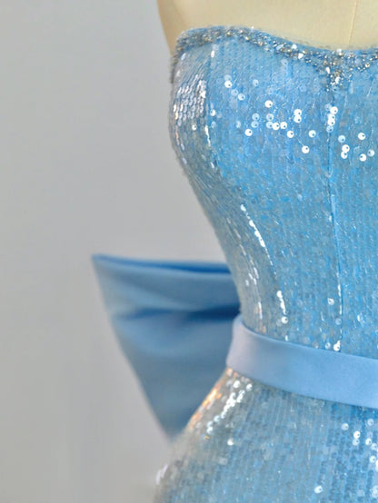 Glitter Mermaid Sweetheart Blue With Bow Sequined Prom Dresses Long Evening Party Formal Outfits RB6605