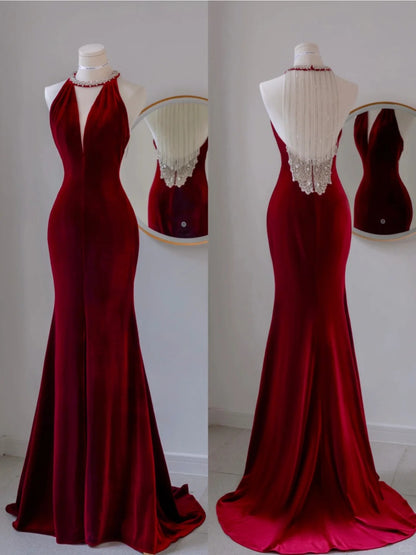 Einfaches, weinrotes, rückenfreies, langes Meerjungfrauen-Abendkleid aus Samt mit Rundhalsausschnitt, AU142