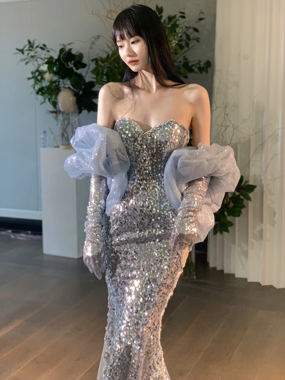 Elegant Mermaid Sweetheart Silver Sequin Sparkly Floor Length Prom Dress Inspiration Long Prom Dresses A143