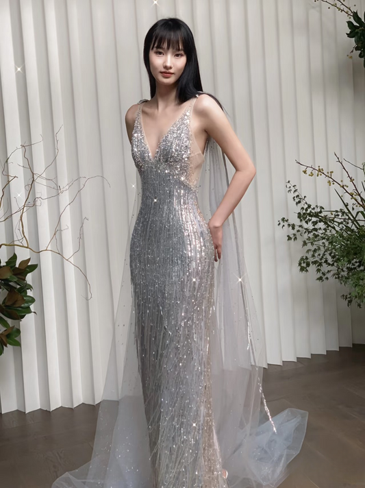 Elegant Mermaid V Neck Silver Sequin Sparkly Floor Length Prom Dress Inspiration Long Prom Dresses AU143