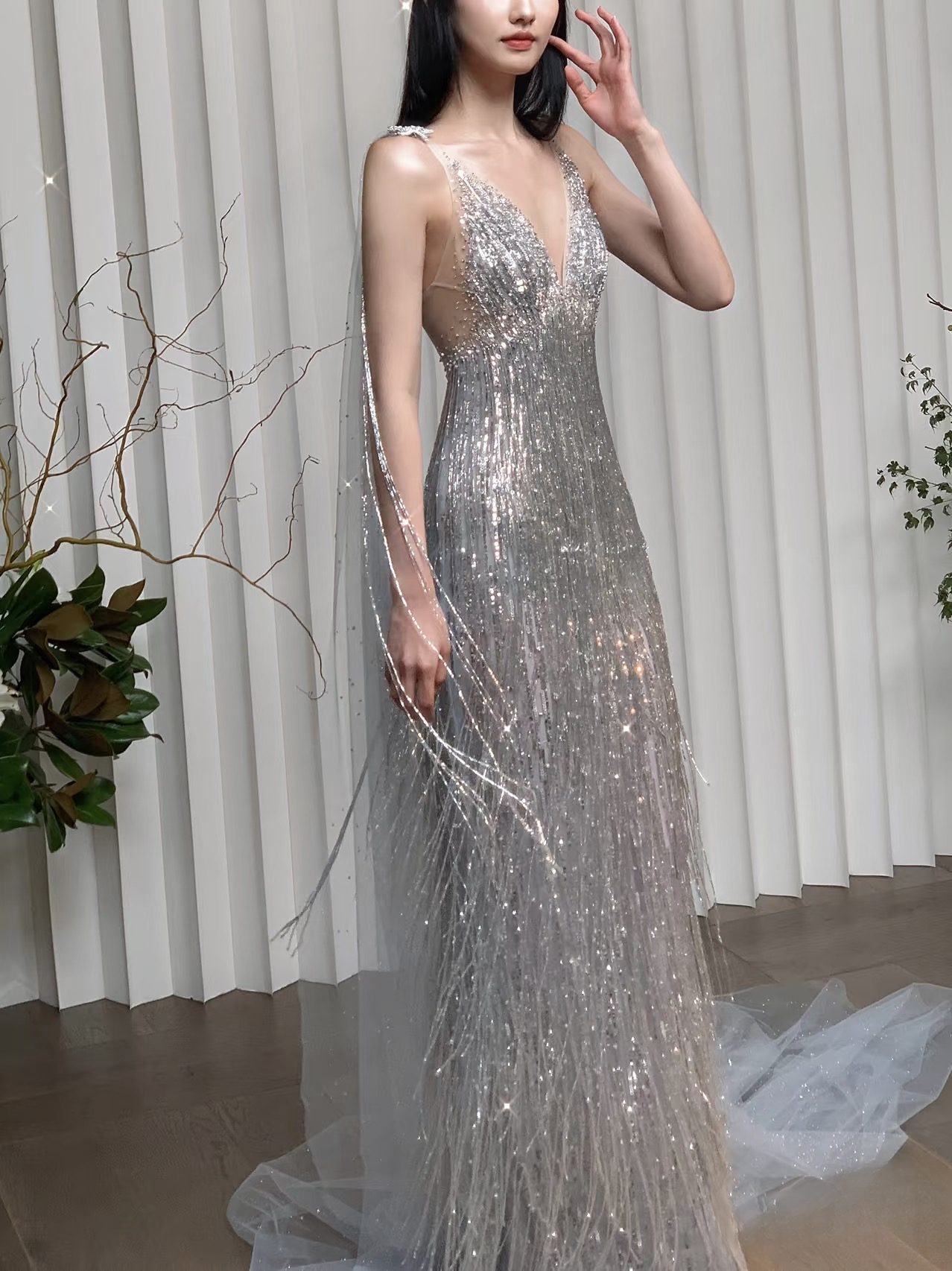 Elegant Mermaid V Neck Silver Sequin Sparkly Floor Length Prom Dress Inspiration Long Prom Dresses AU143