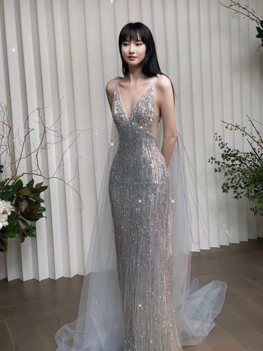 Elegant Mermaid V Neck Silver Sequin Sparkly Floor Length Prom Dress Inspiration Long Prom Dresses AU143