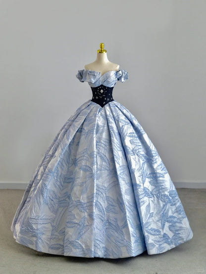 Modest Ball Gown Off The Shoulder Blue Satin Prom Dresses Sweet 16 Dress Long Evening Party Formal Outfits RB6606
