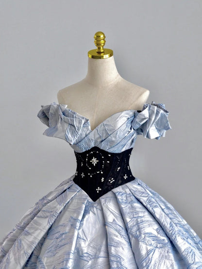 Modest Ball Gown Off The Shoulder Blue Satin Prom Dresses Sweet 16 Dress Long Evening Party Formal Outfits RB6606