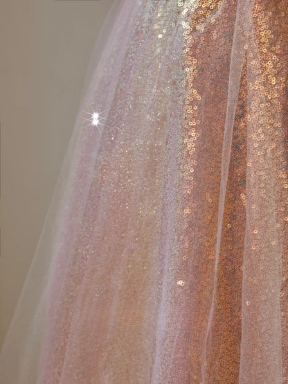 Robe de bal longue rose poudré à sequins, coupe trapèze, épaules dénudées et manches courtes, modèle AU144