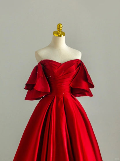 Elegant Ball Gown Off The Shoulder Red Satin With Sleeves Long Birthday Outfits Semi Formal Gown Wedding Guest Dresses RB6607