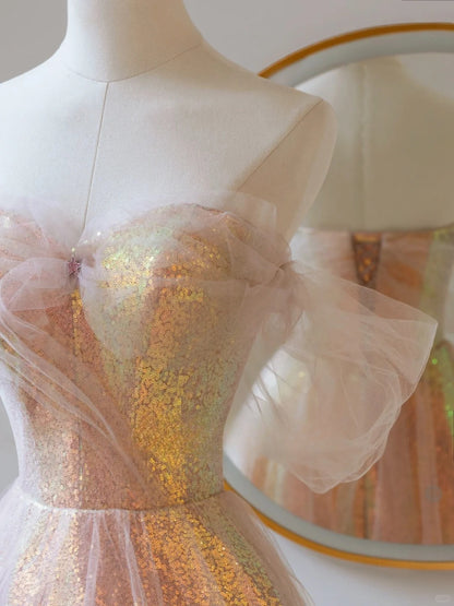 Robe de bal longue rose poudré à sequins, coupe trapèze, épaules dénudées et manches courtes, modèle AU144