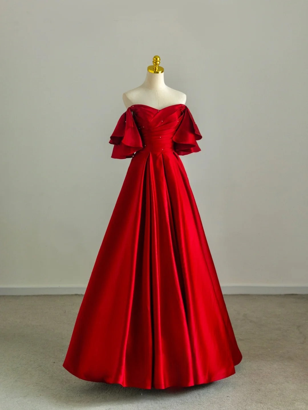 Elegant Ball Gown Off The Shoulder Red Satin With Sleeves Long Birthday Outfits Semi Formal Gown Wedding Guest Dresses RB6607