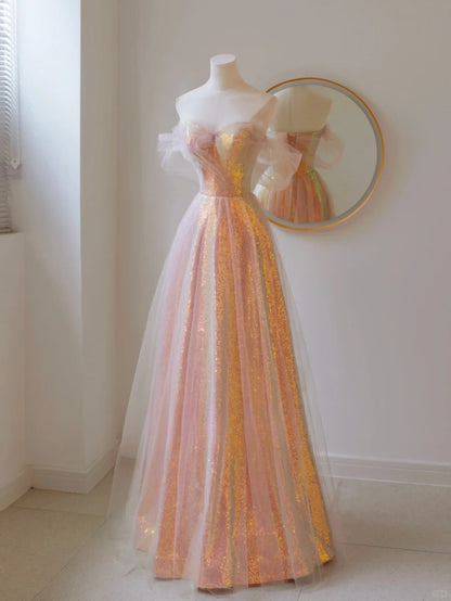 Robe de bal longue rose poudré à sequins, coupe trapèze, épaules dénudées et manches courtes, modèle AU144