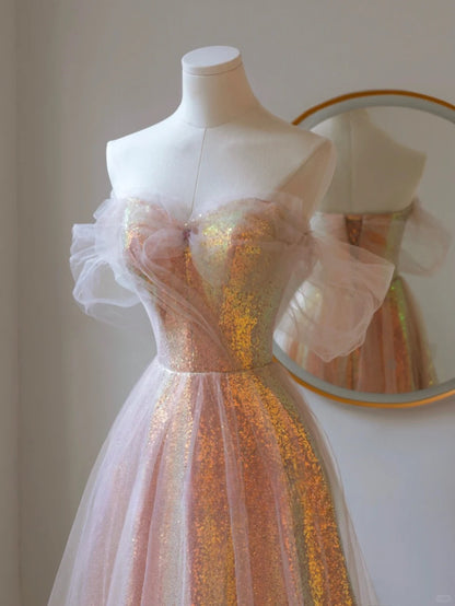 Robe de bal longue rose poudré à sequins, coupe trapèze, épaules dénudées et manches courtes, modèle AU144