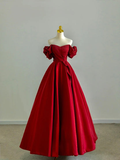 Modest Ball Gown Off The Shoulder Red Satin Prom Dresses Long Evening Party Formal Outfits RB6608