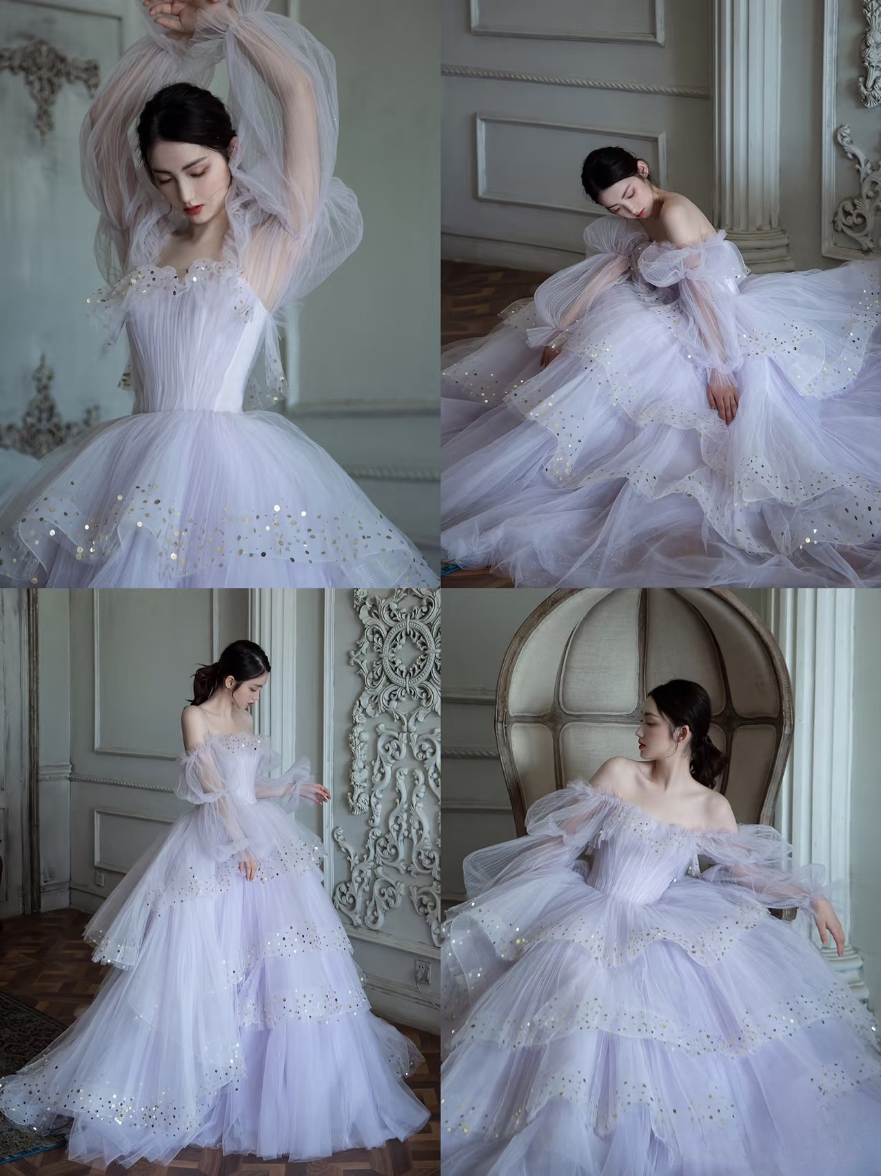 Elegant Ball Gown Square Neck Lilac Long Sleeves Prom Dresses Unique Party Formal Graduation Dress AU146