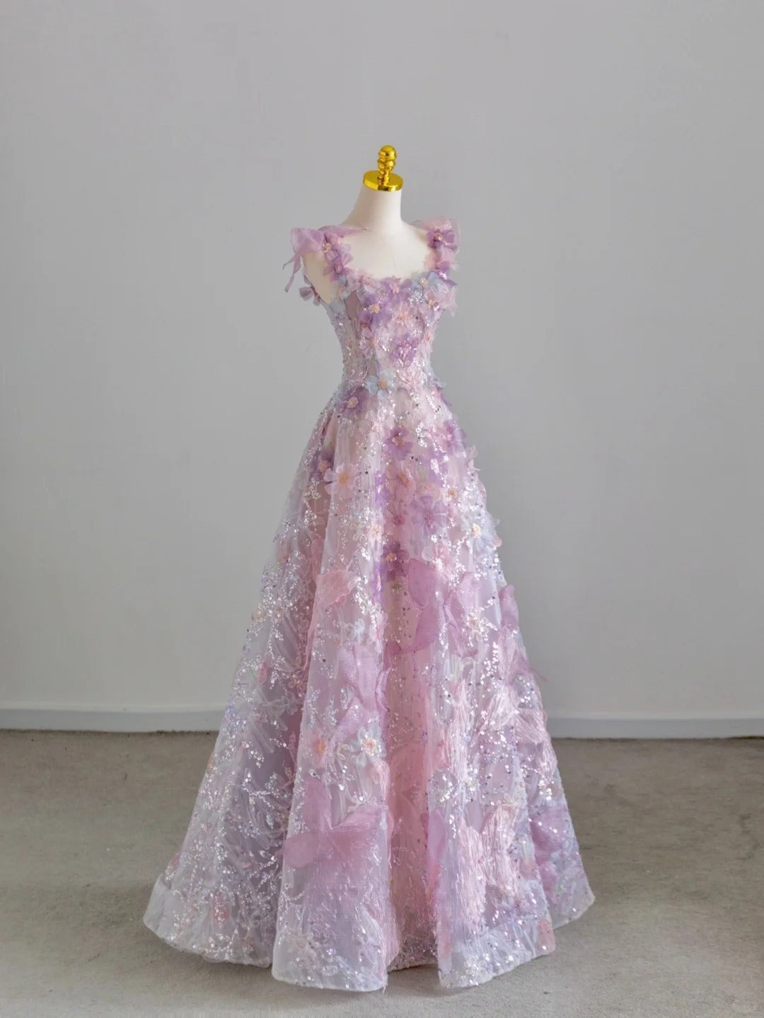 Pretty A line Square Neck Pink With Flowers Sequined Prom Dresses Long Evening Party Formal Outfits RB6598