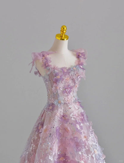 Pretty A line Square Neck Pink With Flowers Sequined Prom Dresses Long Evening Party Formal Outfits RB6598